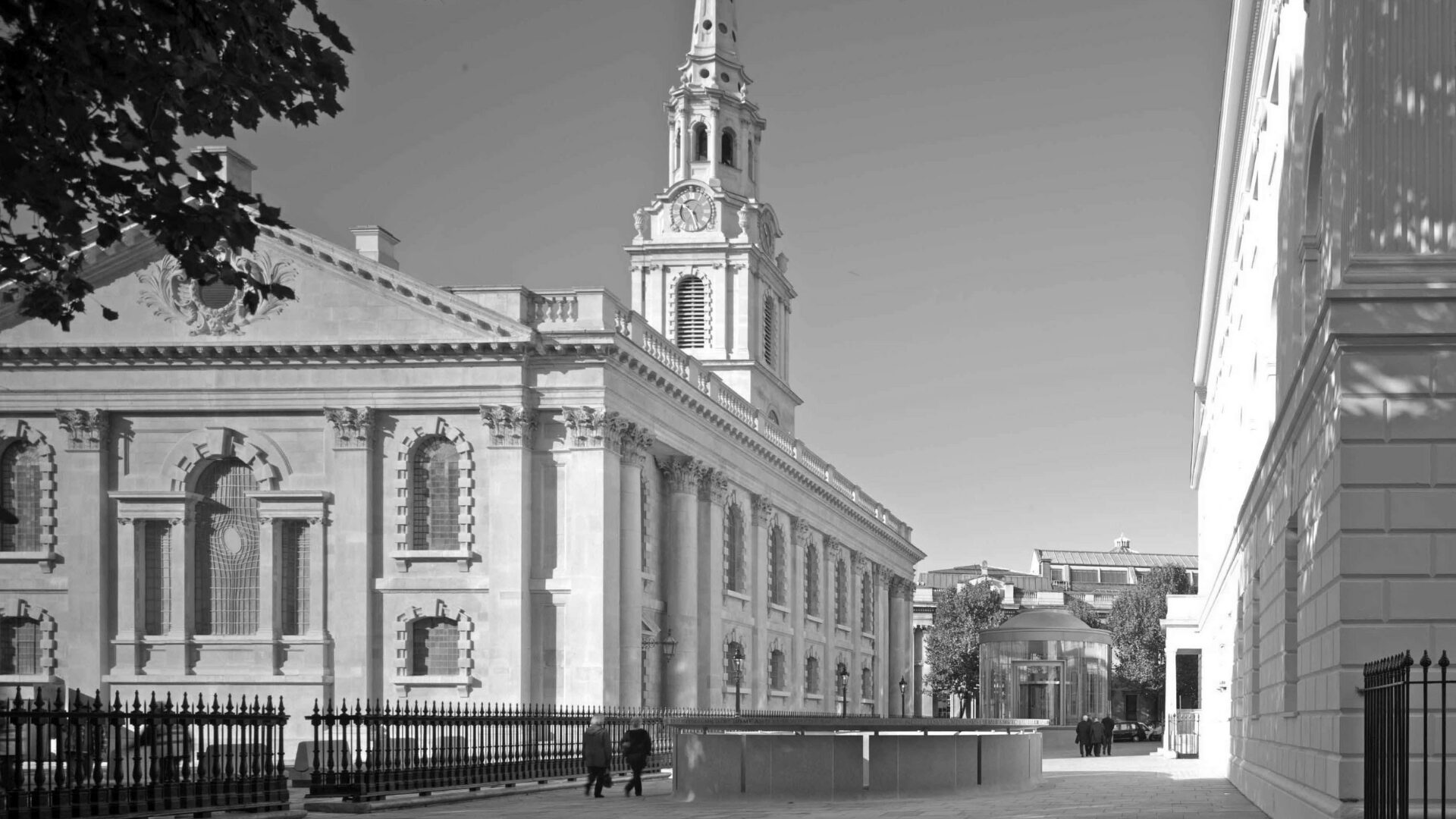 St Martin-in-the-Fields, the East Window and the Church Path. The image is black and white.